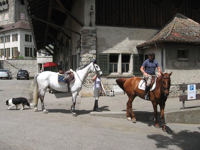 Restaurant parking lot on hill in Uster--people getting ready to ride their horses.